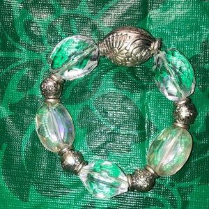 BRACELET, like new med. metal & lg. clear plastic beads, 1 xl embossed. $11